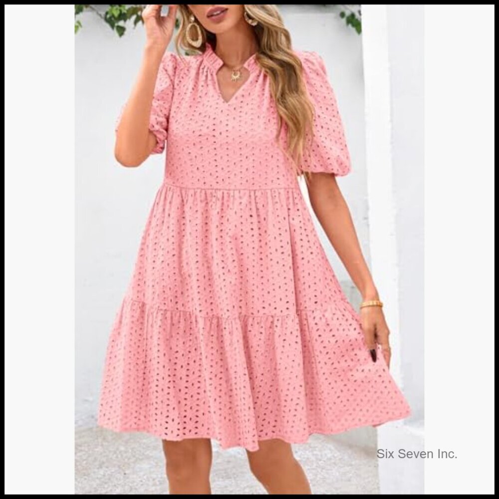 Eyelet Summer Mini Dress with Hollow Out Detail Short Sleeve V Neck - Picture 4 of 7